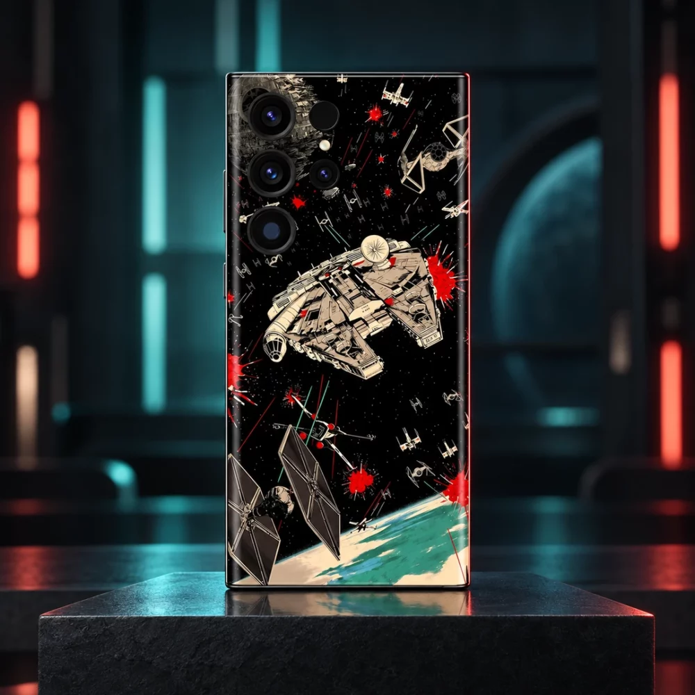 Star Wars mobile skin with Millennium Falcon and TIE fighter artwork on black, sci-fi studio hero