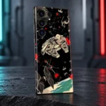 Star Wars mobile skin with Millennium Falcon and TIE fighter artwork on black, slate studio detail