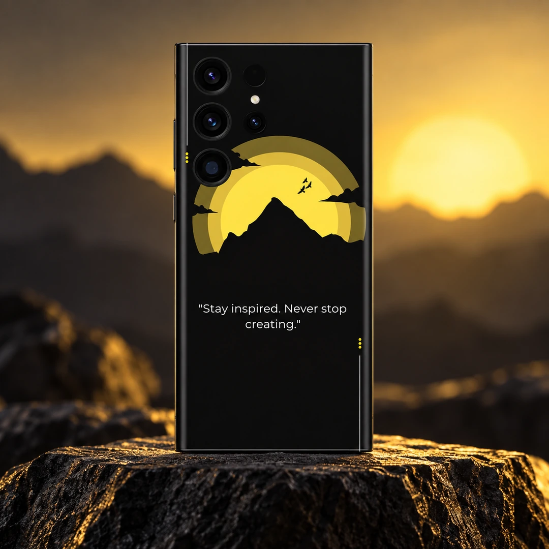 Stay Inspired Mountain Quote Mobile Skin - Sunrise studio hero Stay Inspired Mountain Quote Mobile Skin shown in sunrise studio hero