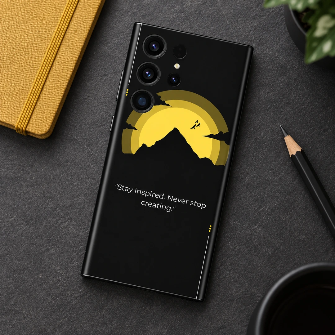 Stay Inspired Mountain Quote Mobile Skin - Creative desk flat lay Stay Inspired Mountain Quote Mobile Skin shown in creative desk flat lay