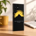 Stay Inspired Mountain Quote Mobile Skin shown in morning creative desk view