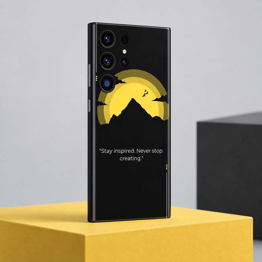 Stay Inspired Mountain Quote Mobile Skin - Yellow studio angled view Stay Inspired Mountain Quote Mobile Skin shown in yellow studio angled view