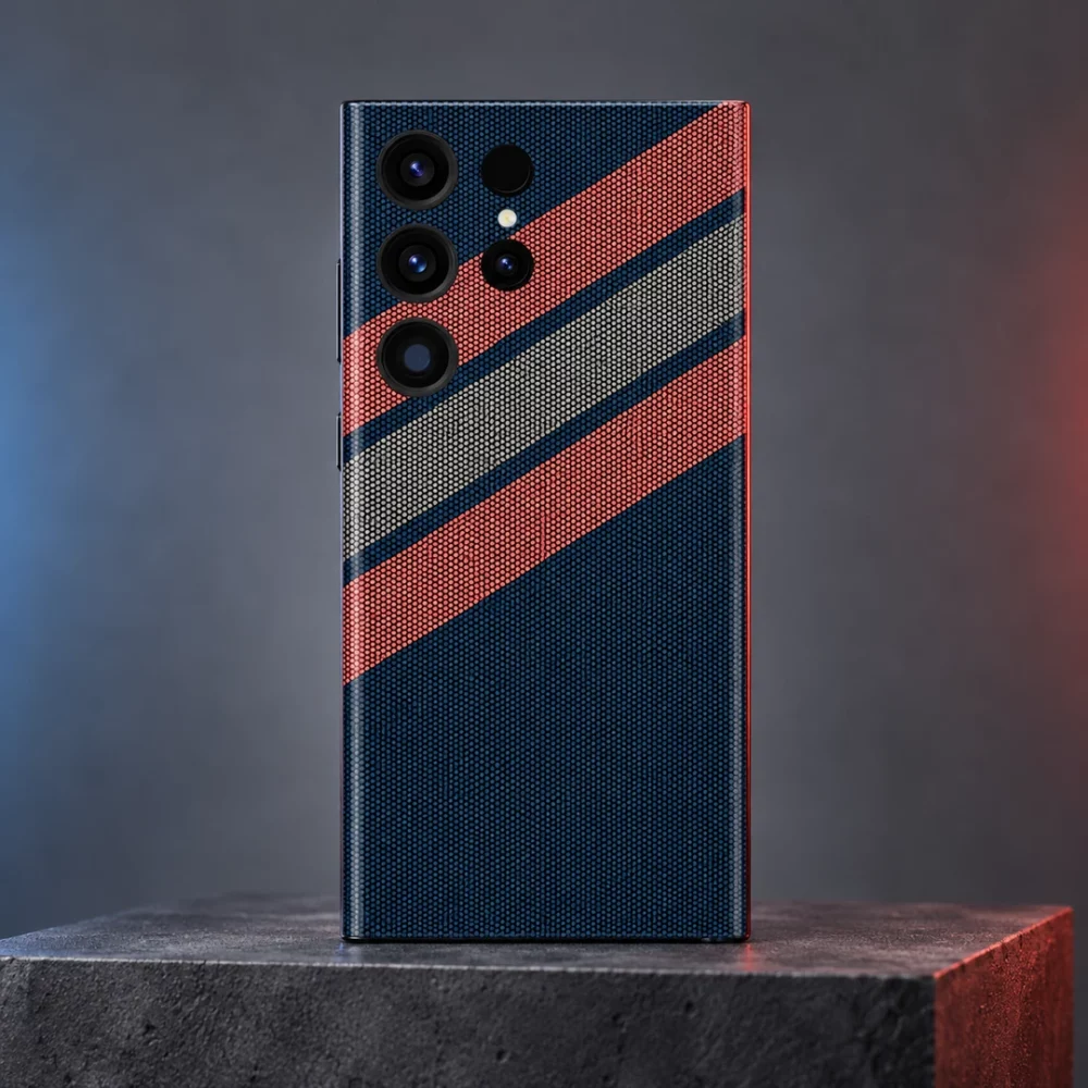 Navy blue mobile skin with coral and grey diagonal stripes and dotted pattern - studio hero