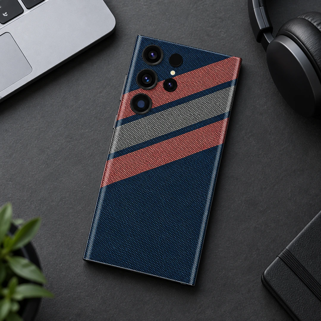Stripe Cool Pattern Mobile Skin - Desk flat lay Navy blue mobile skin with coral and grey diagonal stripes and dotted pattern - desk flat lay