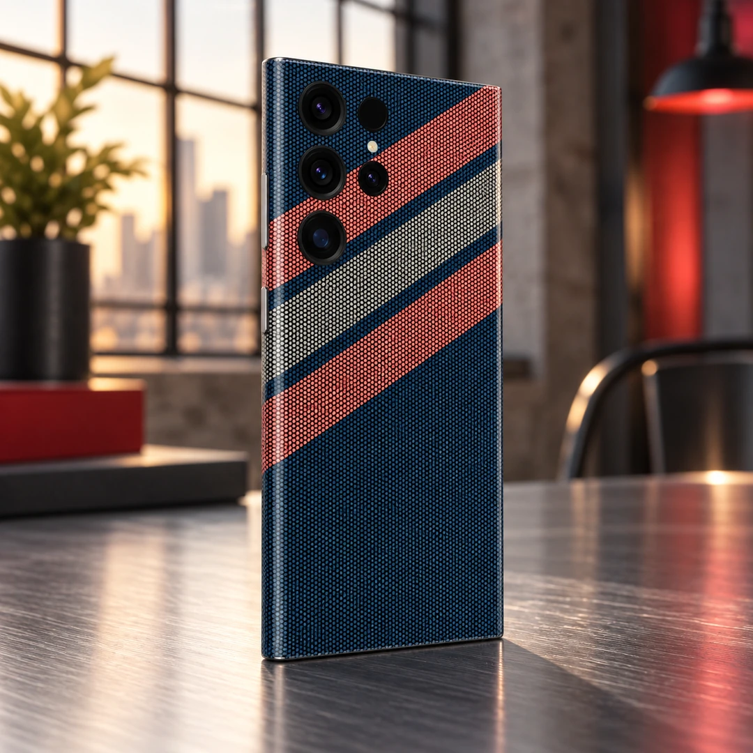 Stripe Cool Pattern Mobile Skin - Loft angle Navy blue mobile skin with coral and grey diagonal stripes and dotted pattern - loft angle