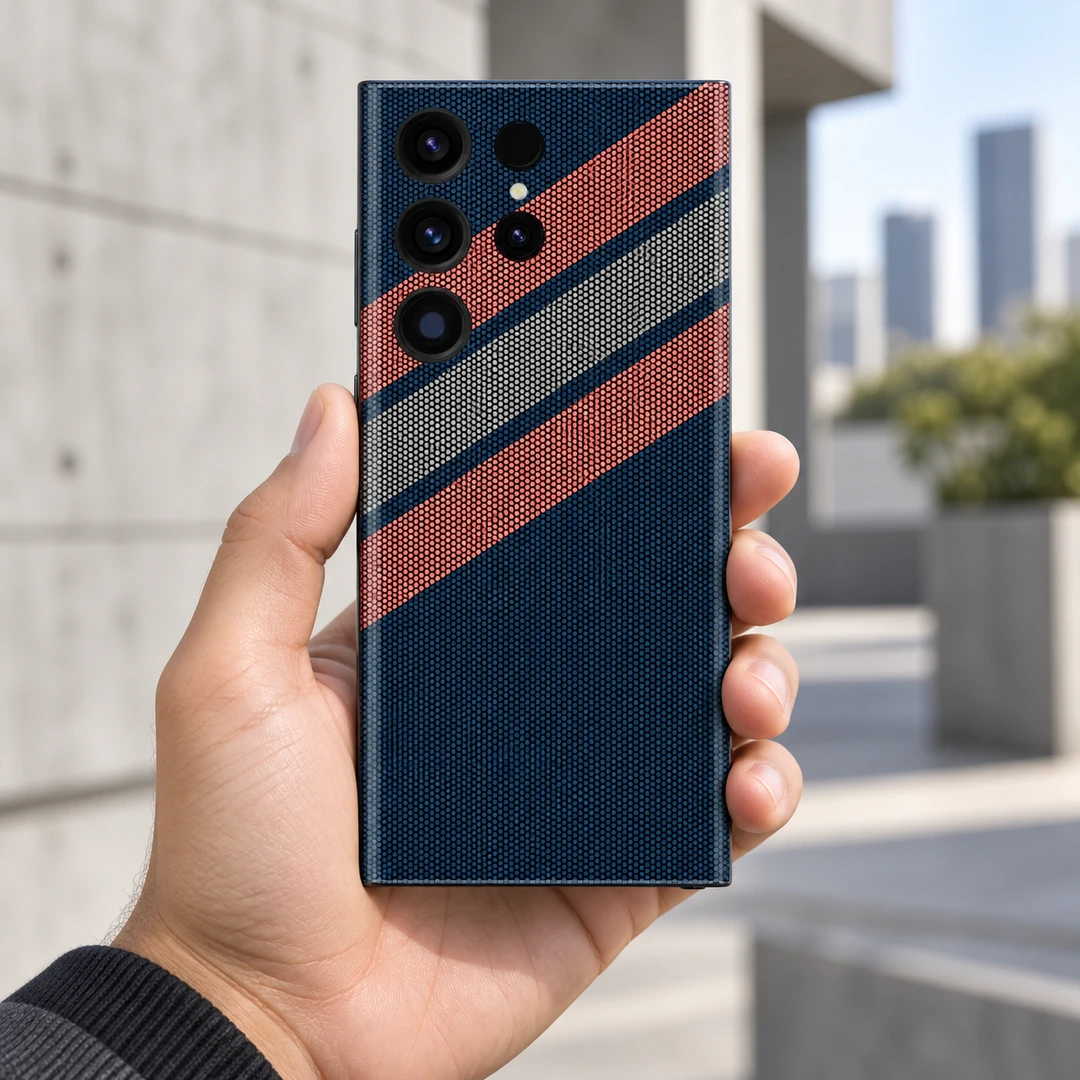 Stripe Cool Pattern Mobile Skin - Urban handheld Navy blue mobile skin with coral and grey diagonal stripes and dotted pattern - urban handheld