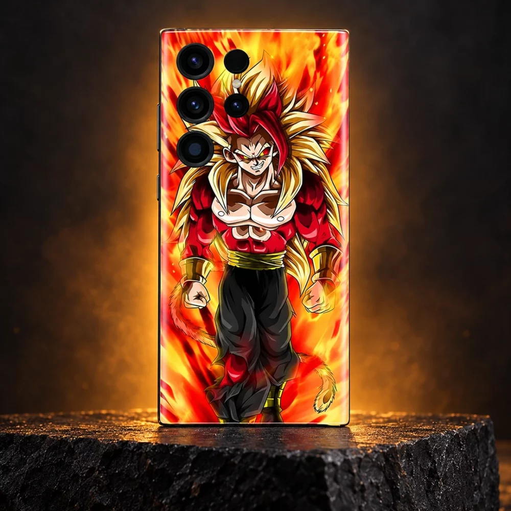 Super Saiyan mobile skin with red and gold warrior artwork on a charcoal display plinth