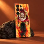 Angled rear view of Super Saiyan flame mobile skin beside black volcanic rock