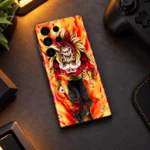 Super Saiyan anime mobile skin lying on a gaming desk beside a controller