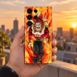 Super Saiyan phone skin held against a golden hour city skyline