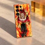 Full rear view of Super Saiyan flame artwork mobile skin in a warm concrete studio