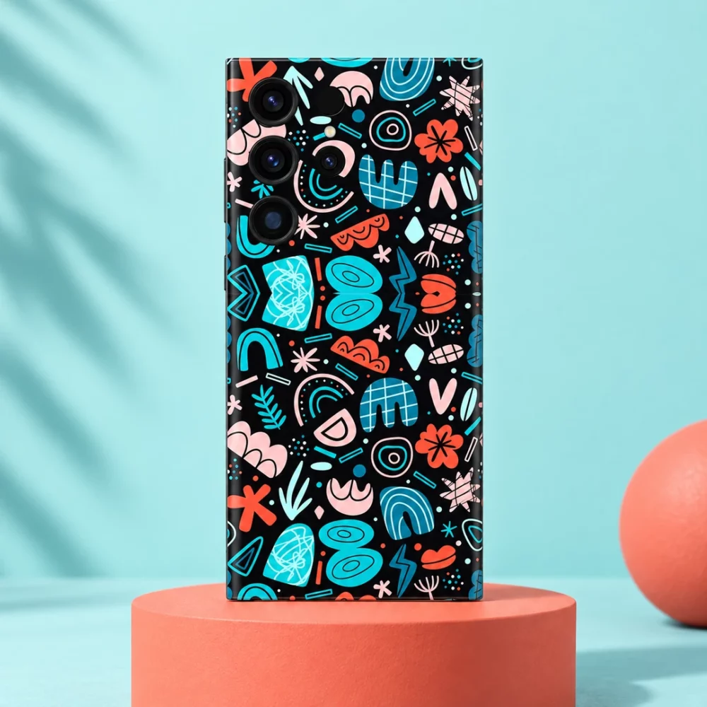 Teal Coral Abstract Doodle Mobile Skin shown in coral aqua studio hero