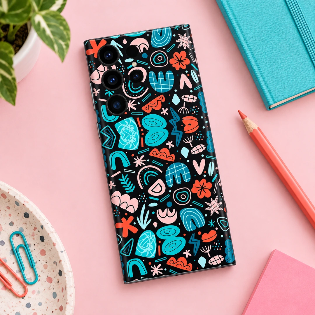 Teal Coral Abstract Doodle Mobile Skin - Pastel creative flat lay Teal Coral Abstract Doodle Mobile Skin shown in pastel creative flat lay