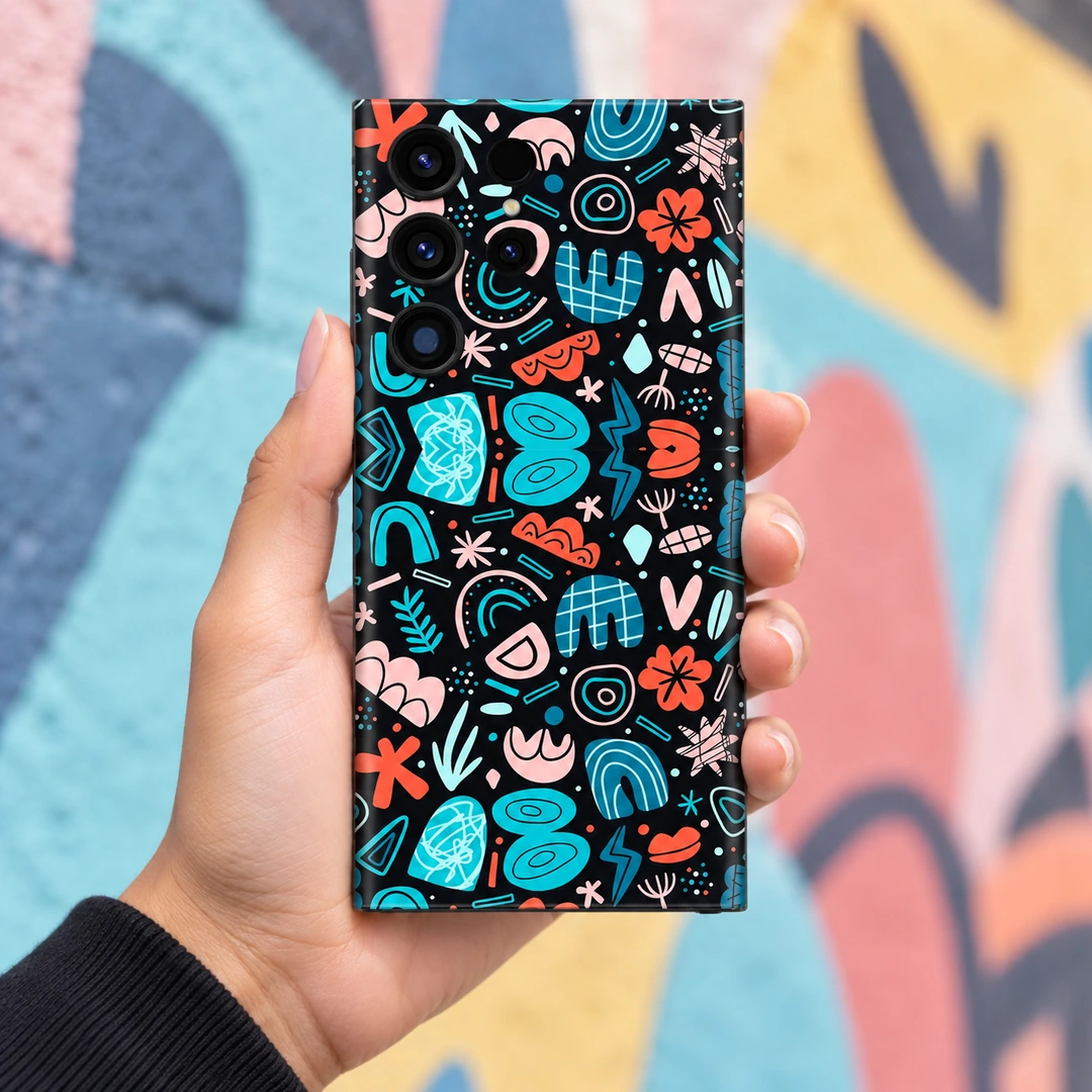 Teal Coral Abstract Doodle Mobile Skin - Pastel street handheld view Teal Coral Abstract Doodle Mobile Skin shown in pastel street handheld view