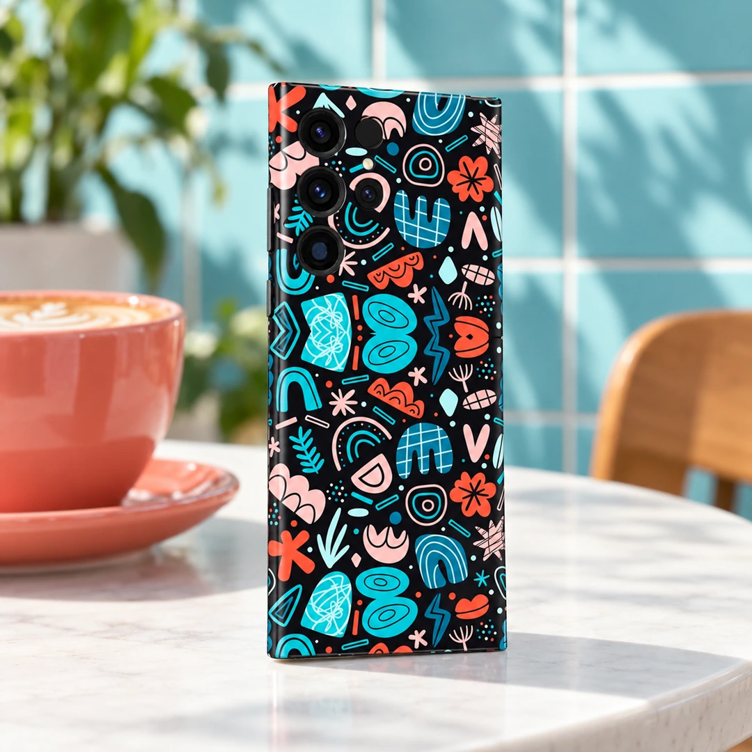 Teal Coral Abstract Doodle Mobile Skin - Aqua cafe angled view Teal Coral Abstract Doodle Mobile Skin shown in aqua cafe angled view