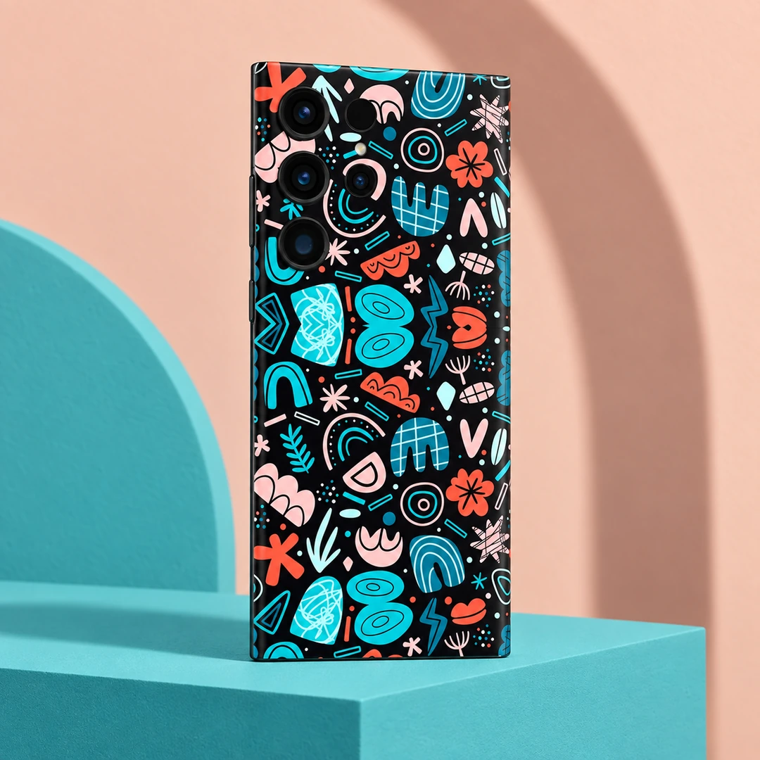 Teal Coral Abstract Doodle Mobile Skin - Peach turquoise studio view Teal Coral Abstract Doodle Mobile Skin shown in peach turquoise studio view