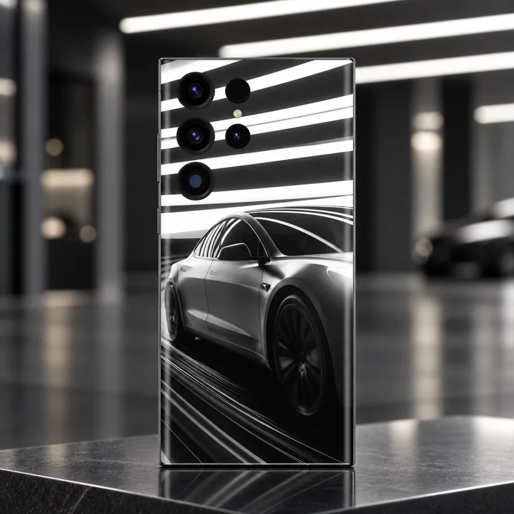 Tesla car mobile skin in black white and silver with light streaks, showroom studio hero