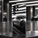 Tesla car mobile skin in black white and silver with light streaks, showroom studio hero