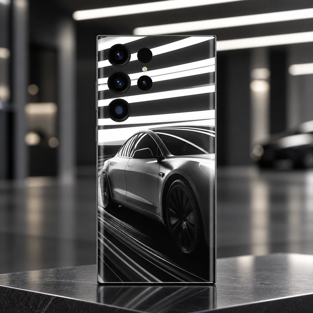 Tesla Monochrome Car Mobile Skin - Showroom Studio Hero Tesla car mobile skin in black white and silver with light streaks, showroom studio hero