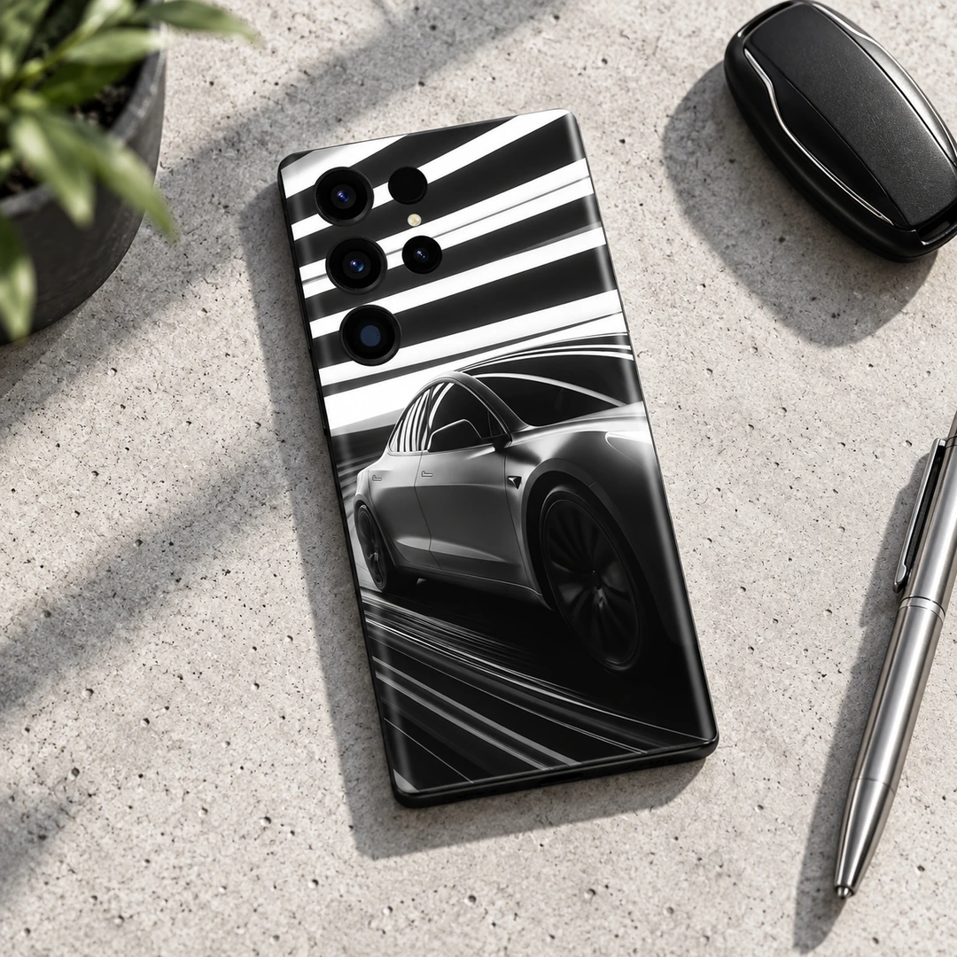 Tesla Monochrome Car Mobile Skin - Concrete Flat Lay Tesla car mobile skin in black white and silver with light streaks, concrete flat lay