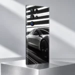 Tesla car mobile skin in black white and silver with light streaks, silver podium angle