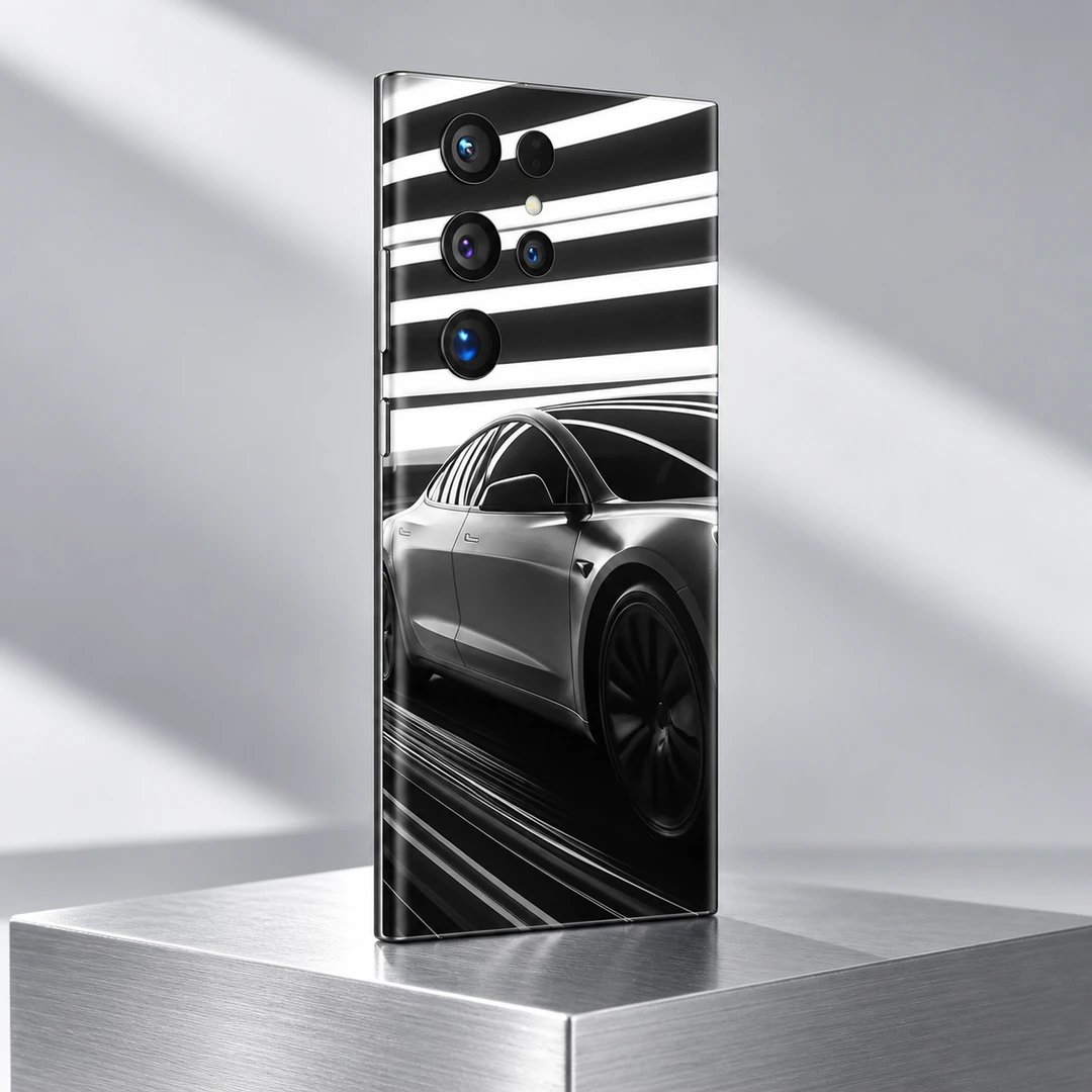Tesla Monochrome Car Mobile Skin - Silver Podium Angle Tesla car mobile skin in black white and silver with light streaks, silver podium angle