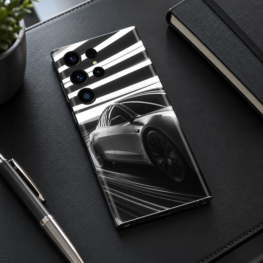 Tesla Monochrome Car Mobile Skin - Leather Desk View Tesla car mobile skin in black white and silver with light streaks, leather desk view