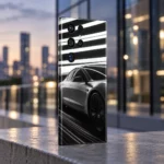Tesla car mobile skin in black white and silver with light streaks, city dusk view