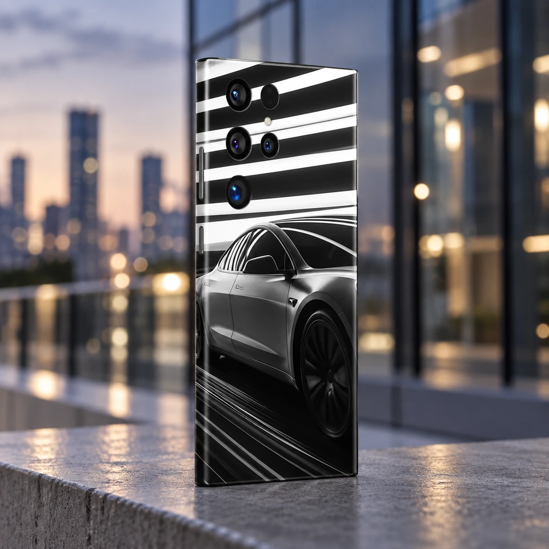Tesla Monochrome Car Mobile Skin - City Dusk View Tesla car mobile skin in black white and silver with light streaks, city dusk view