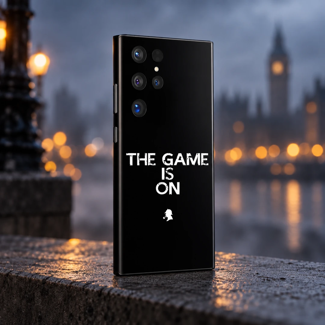 The Game Is On Mobile Skin - City Evening Angle Black The Game Is On mobile skin with white quote and detective silhouette, city evening angle