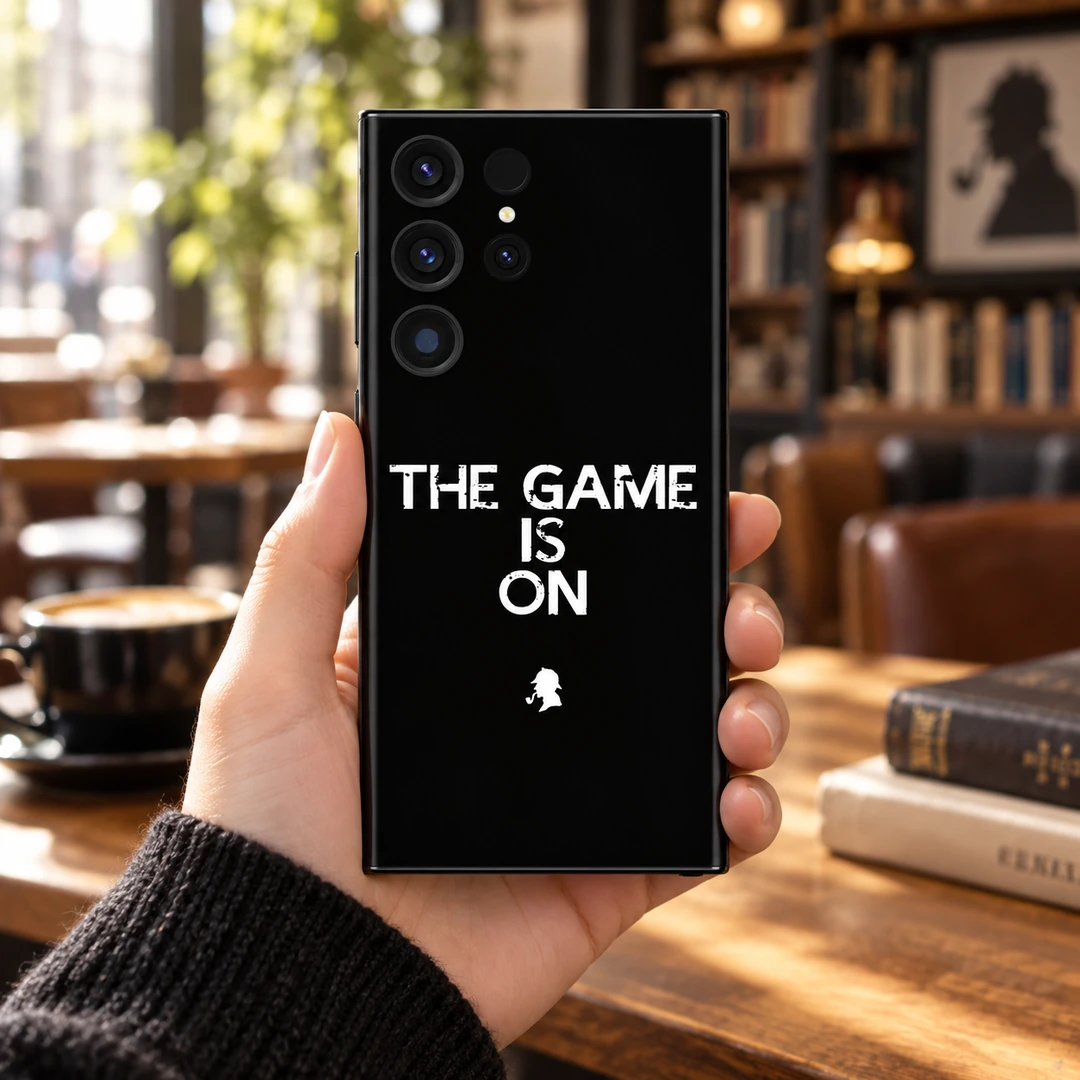 The Game Is On Mobile Skin - Cafe Handheld Black The Game Is On mobile skin with white quote and detective silhouette, cafe handheld