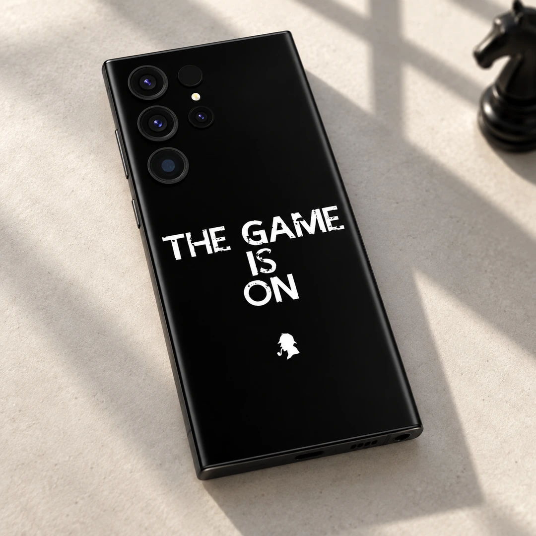 The Game Is On Mobile Skin - Studio Detail Black The Game Is On mobile skin with white quote and detective silhouette, studio detail