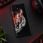 Tiger Face Graphic Mobile Skin shown in a gaming desk flat lay