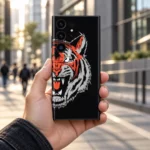 Tiger Face Graphic Mobile Skin shown in hand on a city walkway