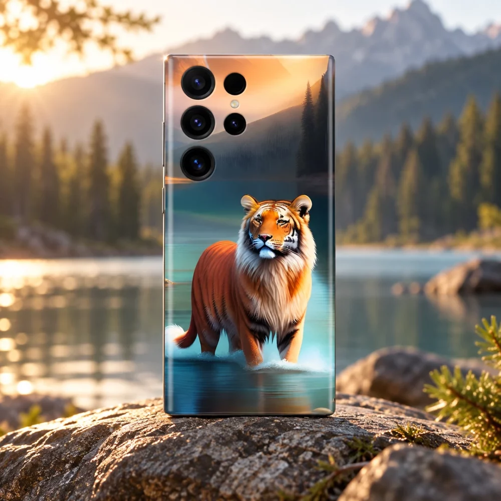 Tiger mobile skin with orange tiger in a teal lake at sunset, lakeside hero