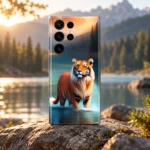 Tiger mobile skin with orange tiger in a teal lake at sunset, lakeside hero