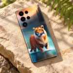 Tiger mobile skin with orange tiger in a teal lake at sunset, sandstone flat lay