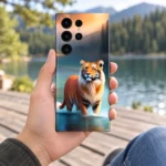 Tiger mobile skin with orange tiger in a teal lake at sunset, handheld lakeside view