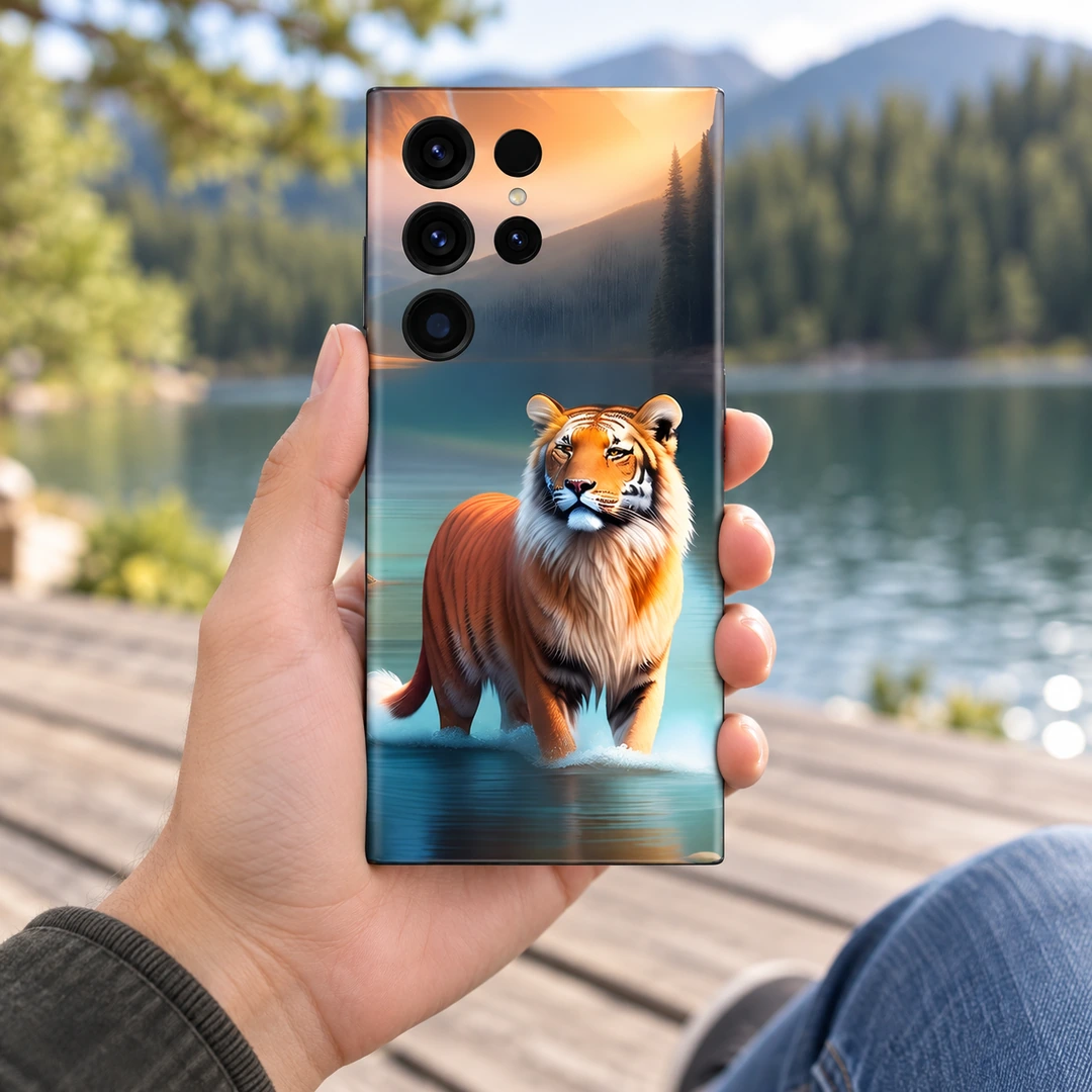 Tiger Lake Mobile Skin - Handheld Lakeside View Tiger mobile skin with orange tiger in a teal lake at sunset, handheld lakeside view