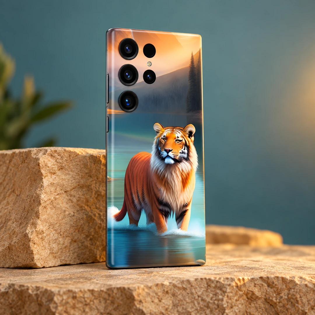 Tiger Lake Mobile Skin - Studio Angle Tiger mobile skin with orange tiger in a teal lake at sunset, studio angle