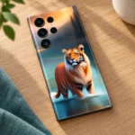 Tiger mobile skin with orange tiger in a teal lake at sunset, tiger artwork detail