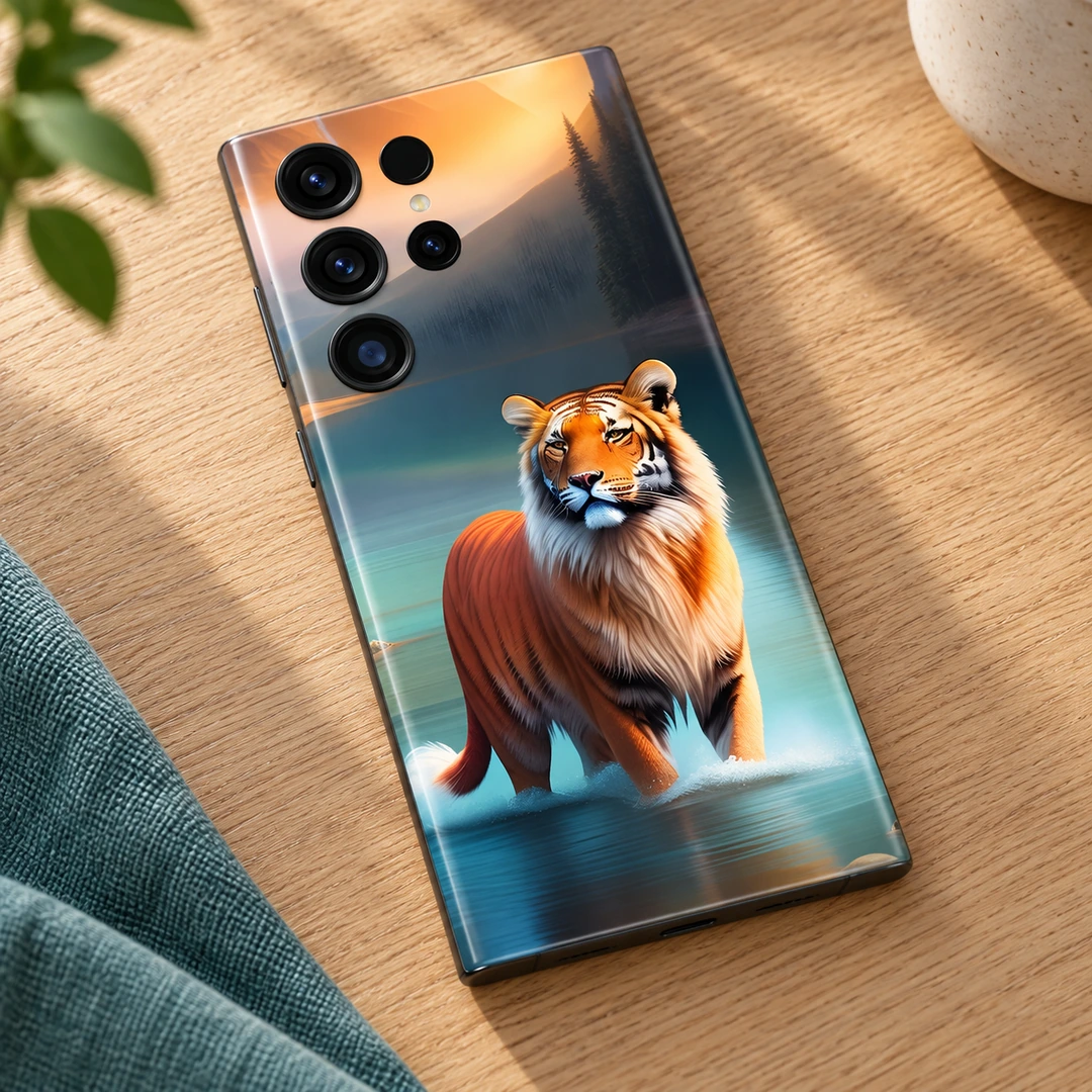 Tiger Lake Mobile Skin - Tiger Artwork Detail Tiger mobile skin with orange tiger in a teal lake at sunset, tiger artwork detail