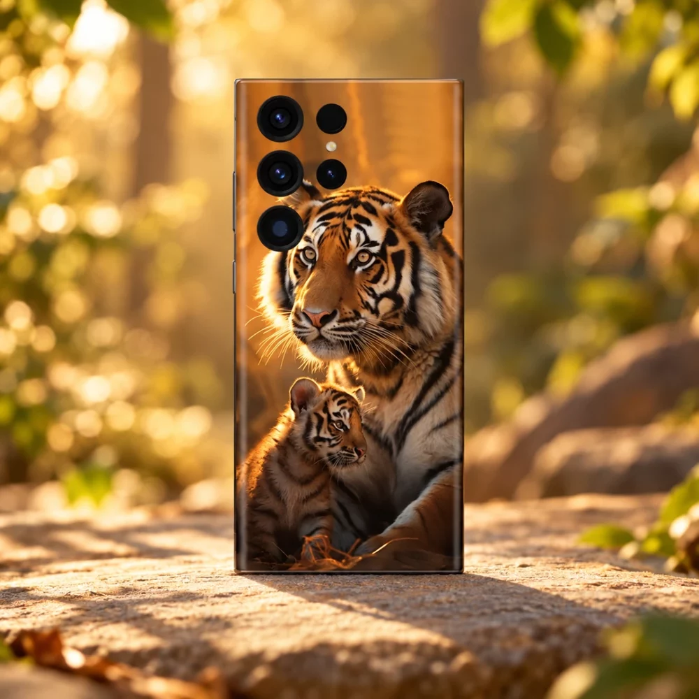 Tiger and cub mobile skin with golden forest artwork, golden woodland hero