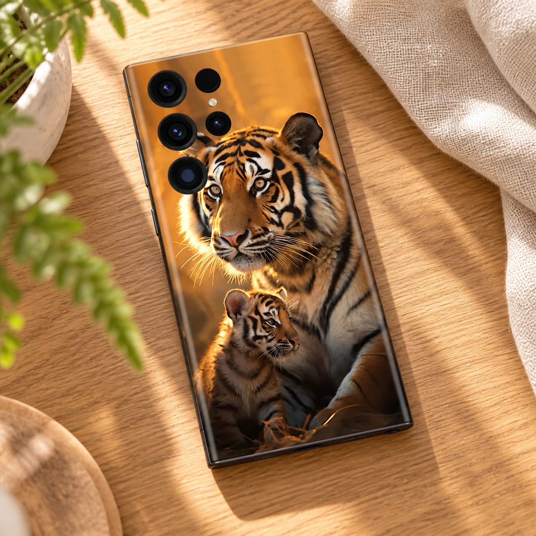 Tiger With Its Cub Mobile Skin - Oak tabletop flat lay Tiger and cub mobile skin with golden forest artwork, oak tabletop flat lay