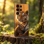 Tiger and cub mobile skin with golden forest artwork, tree stump angle