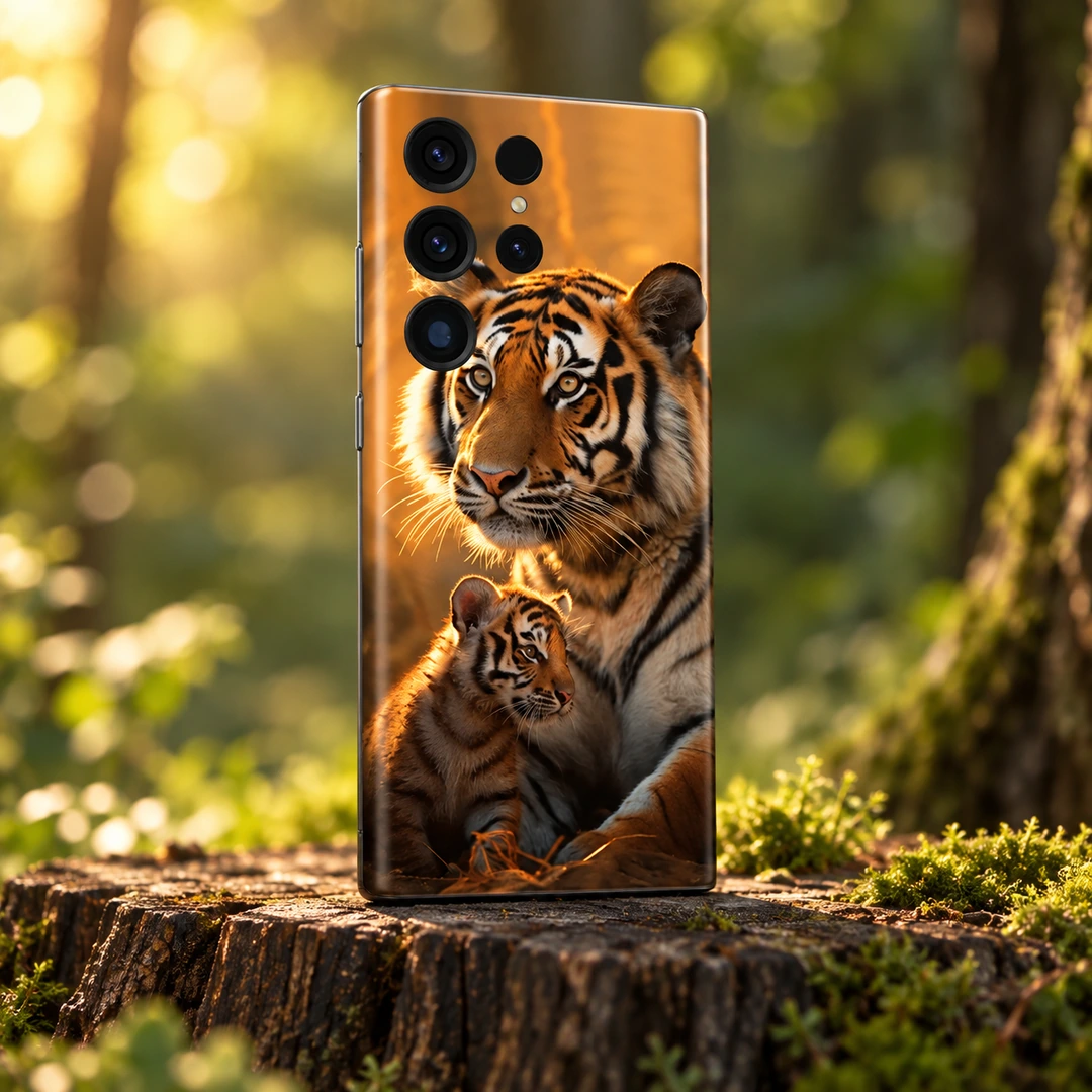 Tiger With Its Cub Mobile Skin - Tree stump angle Tiger and cub mobile skin with golden forest artwork, tree stump angle