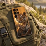 Tiger and cub mobile skin with golden forest artwork, outdoor canvas bag flat lay