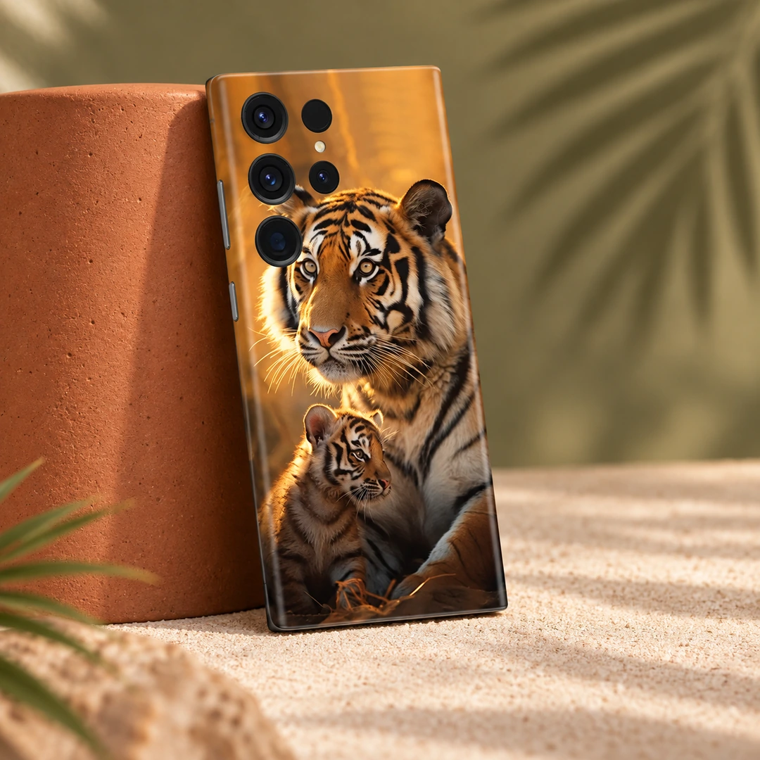 Tiger With Its Cub Mobile Skin - Terracotta studio view Tiger and cub mobile skin with golden forest artwork, terracotta studio view