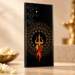 Detailed gold Trishul and brown Damru artwork within a circular mandala on black mobile skin