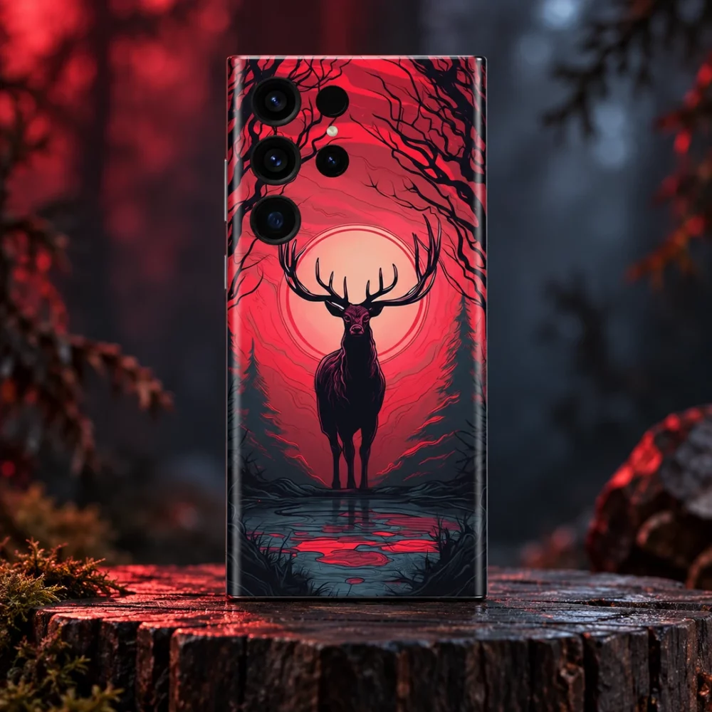 Twilight Deer Red Moon Mobile Skin upright on weathered wood with forest lighting